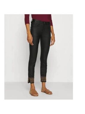 Bohemian Katy Fit Coated Skinny Pants Black Waxed Embroidered Cuff Size 42